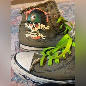 VTG ED HARDY Skull Eagle American Flag Mens Green Canvas High Top Sneakers